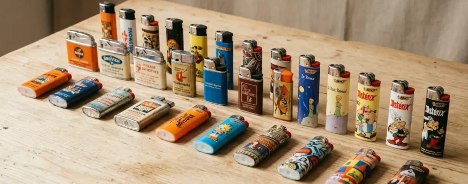 Collection de briquets décorés vintage et contemporains disposés sur surface en bois clair, incluant modèles publicitaires années 70-80 et éditions limitées BIC Le Petit Prince et Astérix, lumière naturelle douce