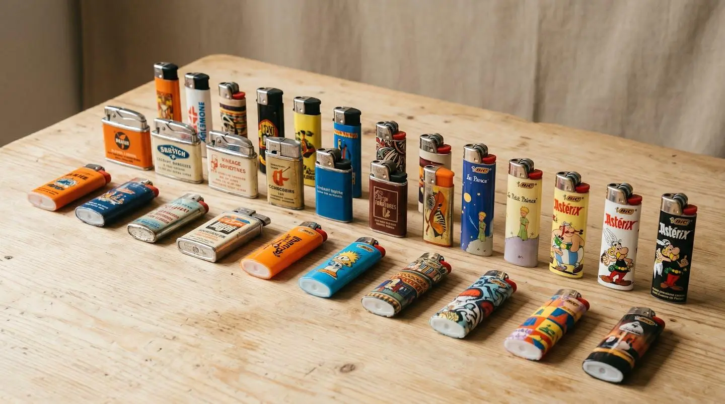 Collection de briquets décorés vintage et contemporains disposés sur surface en bois clair, incluant modèles publicitaires années 70-80 et éditions limitées BIC Le Petit Prince et Astérix, lumière naturelle douce