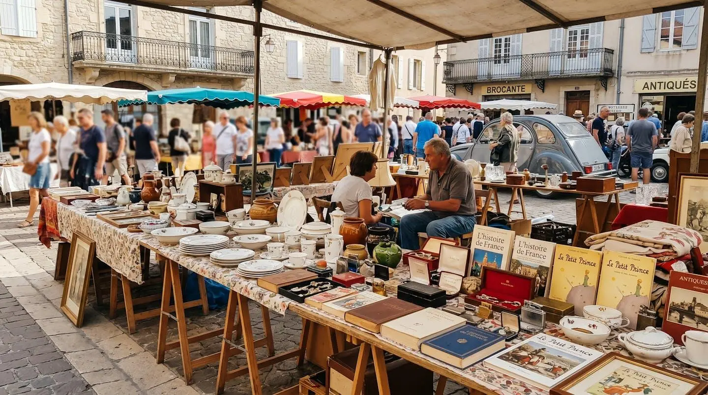 Étal de vide-grenier français en plein air avec tables d'objets vintage variés incluant quelques briquets, lumière naturelle du jour, visiteurs et autres étals en arrière-plan, ambiance authentique de brocante
