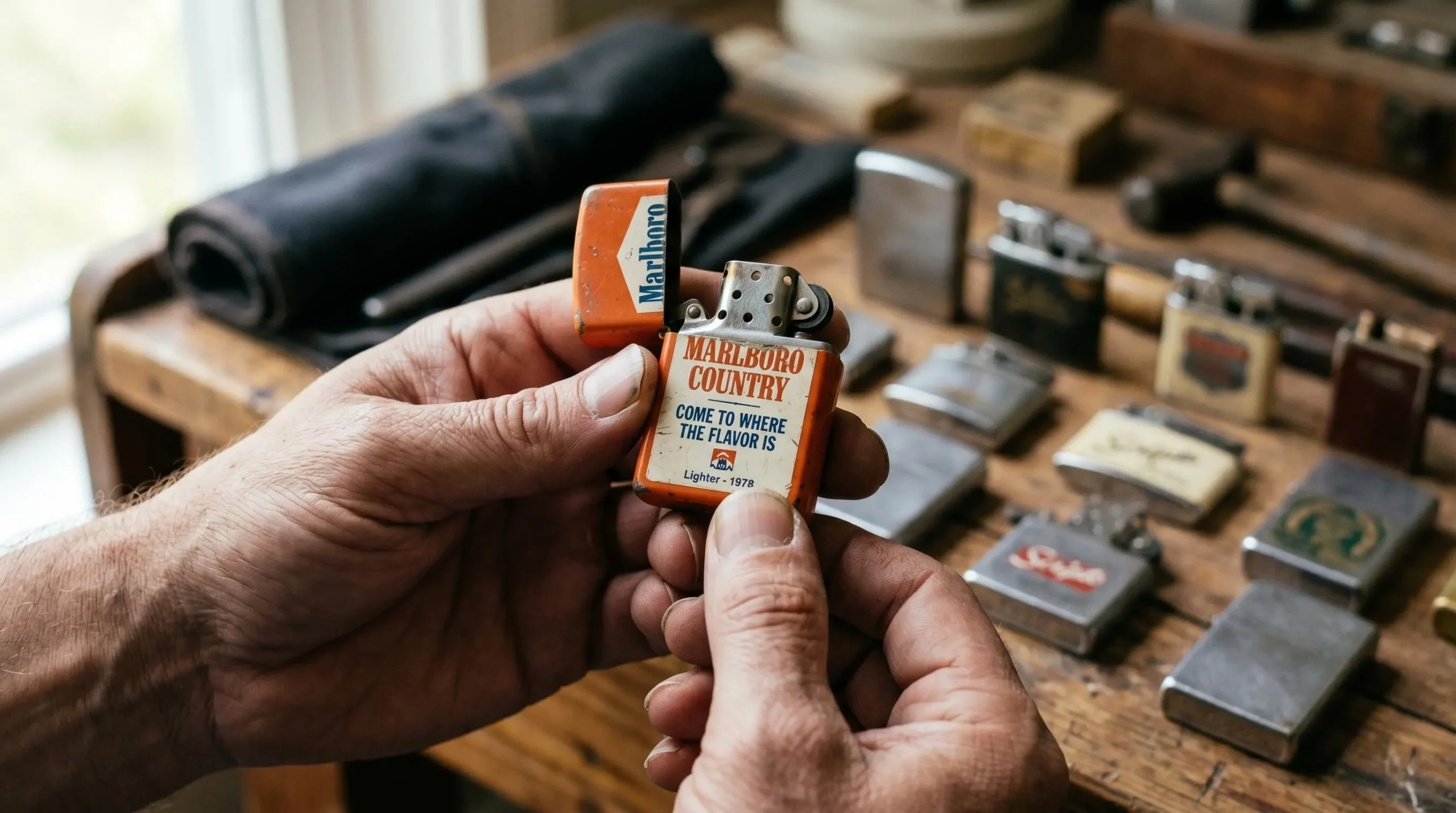 Main de collectionneur examinant un briquet publicitaire vintage des années 70-80, vérification du marquage et du mécanisme, lumière naturelle, arrière-plan flou avec autres briquets sur surface en bois