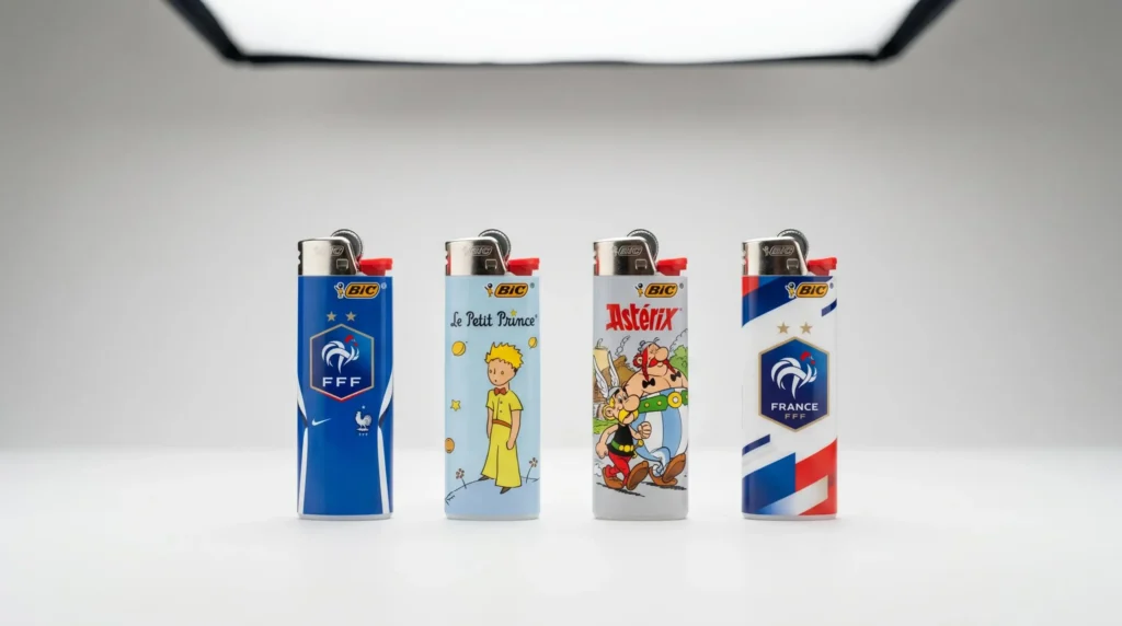 Briquets BIC éditions limitées officielles en ligne horizontale sur fond blanc : collaboration Équipe de France de Football, Le Petit Prince et Astérix, éclairage studio professionnel Briquets BIC éditions limitées officielles en ligne horizontale sur fond blanc : collaboration Équipe de France de Football, Le Petit Prince et Astérix, éclairage studio professionnel